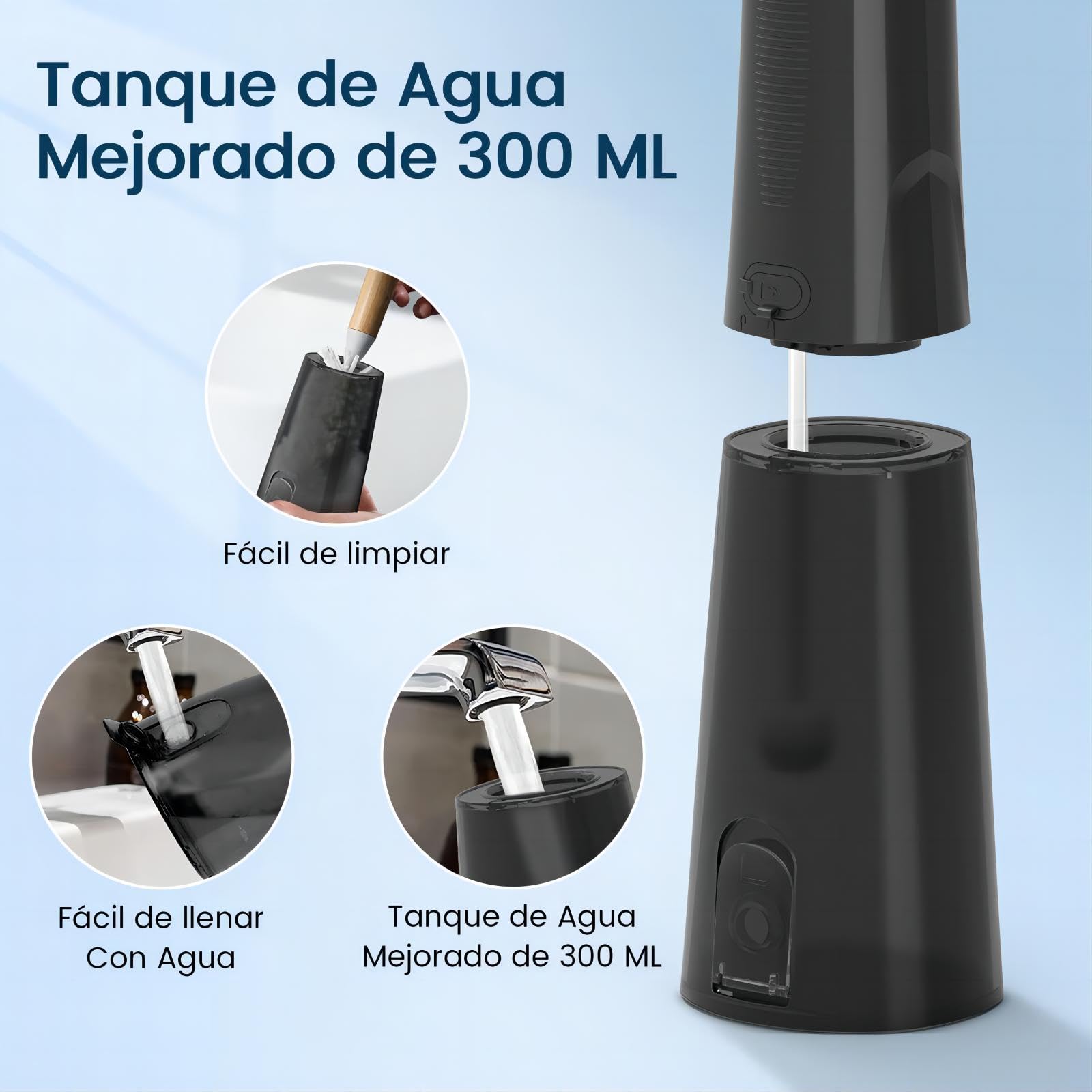 Irrigatore orale portatile Vimmk Irrigatore dentale senza fili professionale 8 ugelli 5 modalità, IPX7 impermeabile 300 ml USB-C ricaricabile per la pulizia dei denti, per la casa e i viaggi (nero)