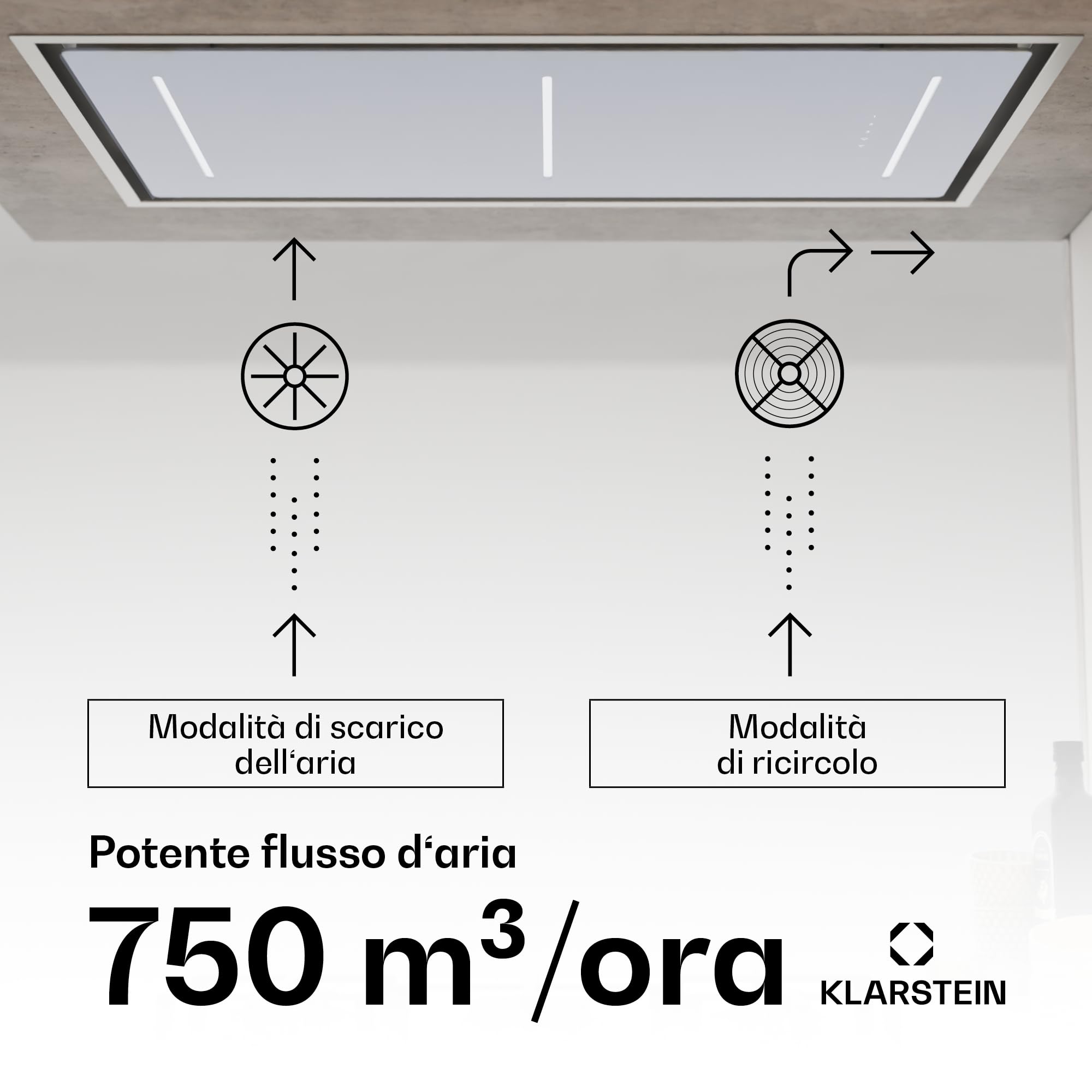 Klarstein LuxeAir - Cappa Aspirante, 750 m³/ora, Efficienza Energetica: A, Motore: 110W, Controllo Touch & WiFi, LED: 6000K, Filtri Antigrasso in Alluminio, Cappa da Cucina, Nero
