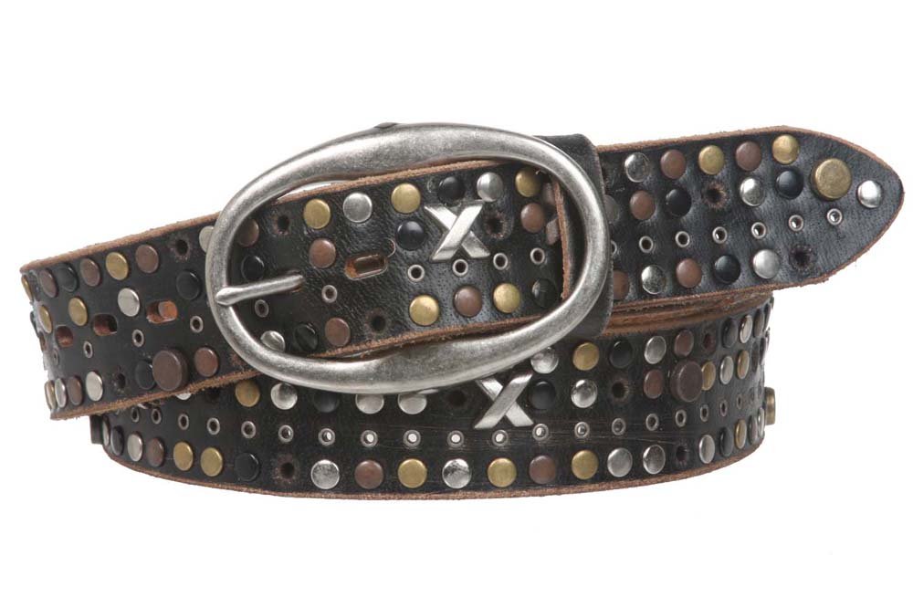 Snap on Beveled edged Vintage Top Grain Cowhide Studded Leather Belt, Black | 38