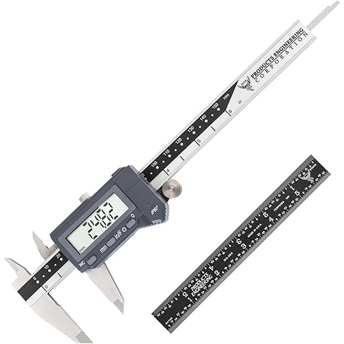 PEC Tools 6 Inch/150mm Digital Caliper & Made in US 6 Inch 16R Rule (32nds,64ths,50ths,100ths), Industrial-Grade Stainless Steel Caliper, IP67 Waterproof & Oil-Resistant, Inch/MM/Fraction Modes