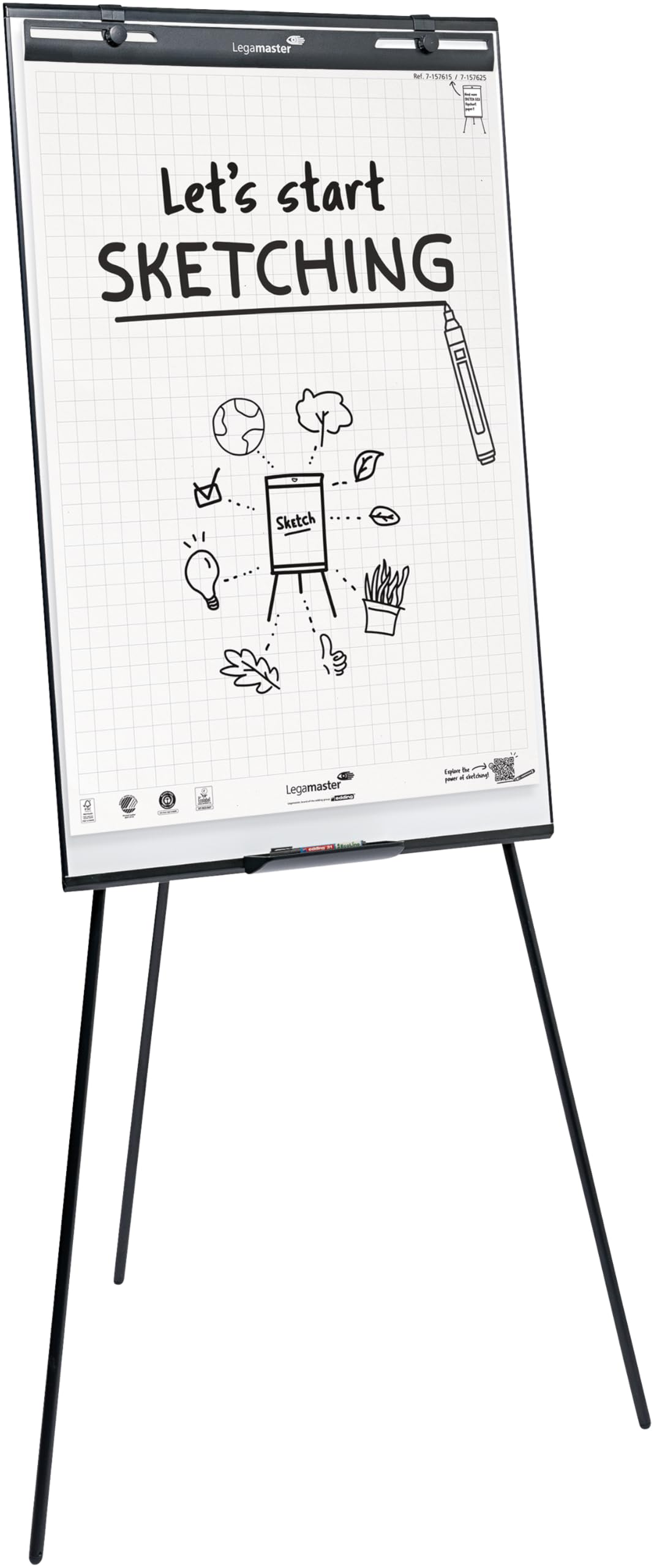 Legamaster SKETCH EASY - Trípode de rotafolio magnético regulable en altura, certificado FSC, con superficie de pizarra blanca