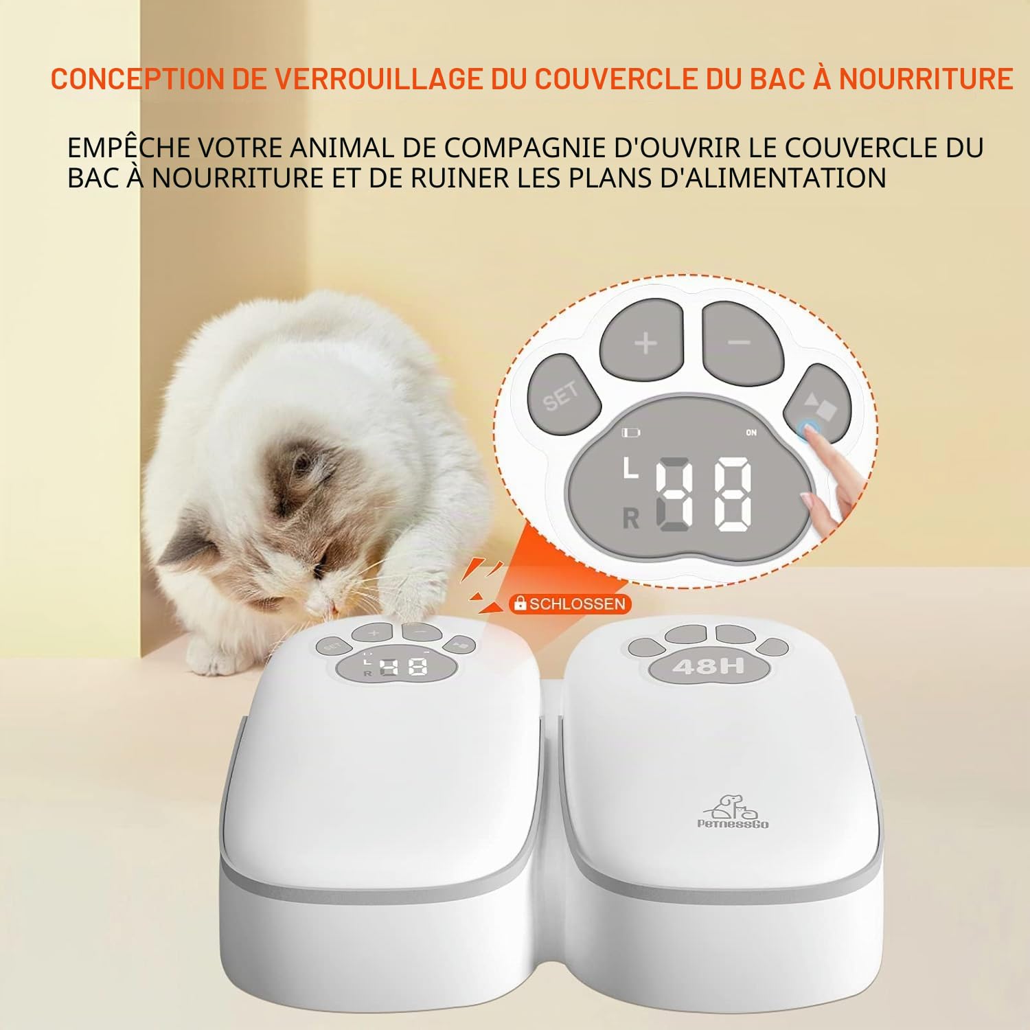 Mangeoire automatique pour chats, mangeoire automatique à deux repas pour chiens et chats, mangeoire avec minuteur de 48 heures contrôlé par écran, alimentation automatique avec aliments secs