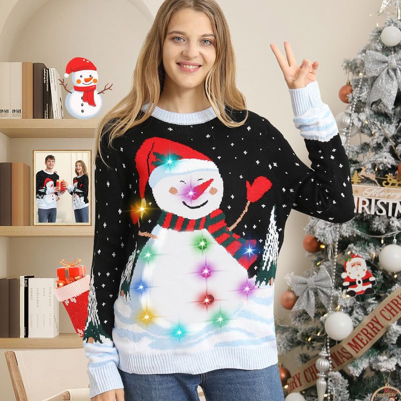 Kouric Maglione Natalizio Donna con Luci, Maglione Natale LED Divertente, Maglioni Natalizi Famiglia Coppia Luminoso Maglioncini di Natale Brutti, Ugly Christmas Sweater per Adulti/Bambina