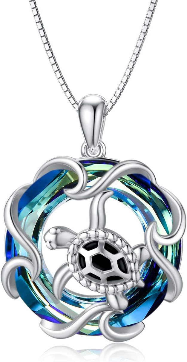 TOUPOP Sea Turtle Necklace for Women Sterling Silver Ocean Theme Crystal Pendant Jewelry Summer Beach Gifts for Marine Animal Lovers