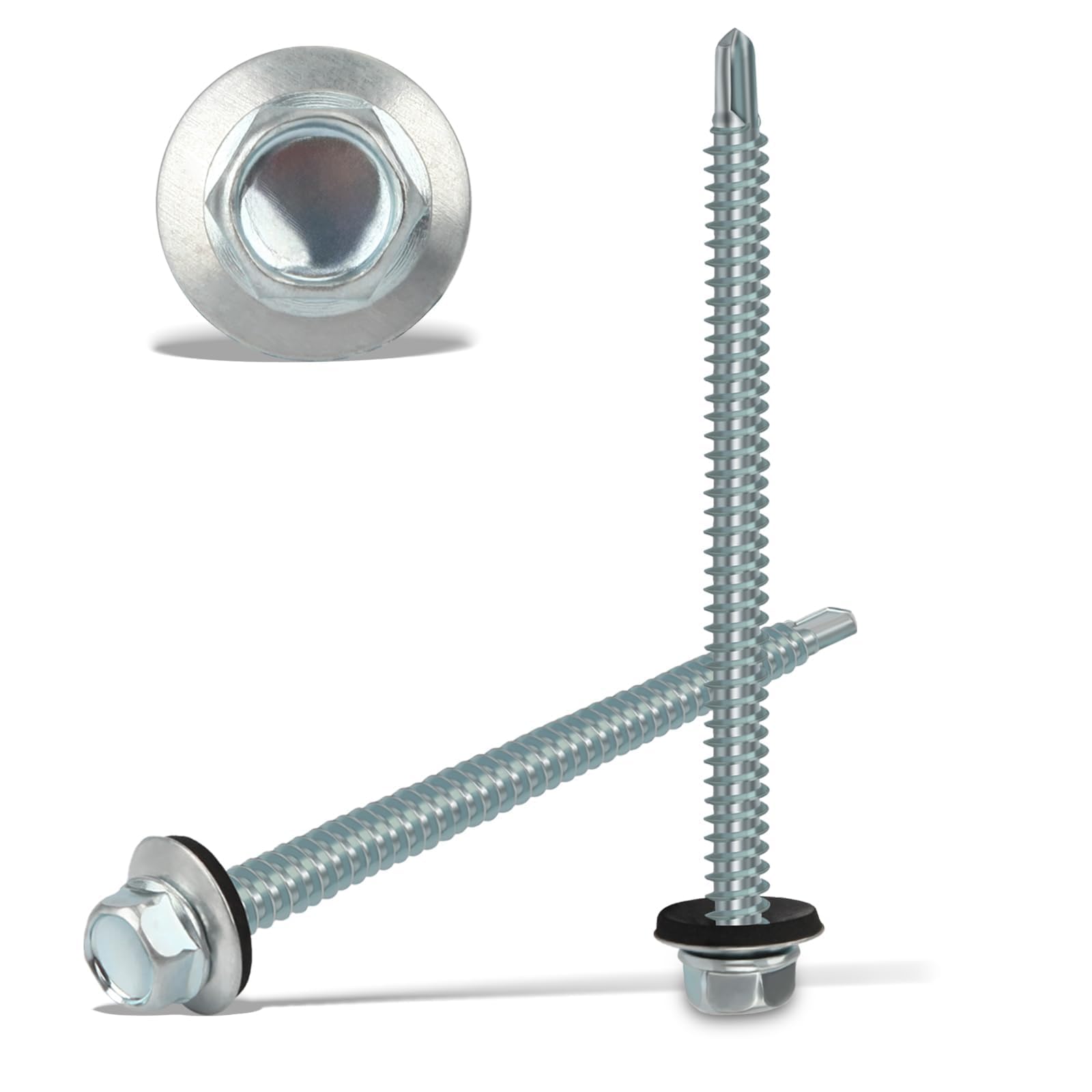 50PCS Roofing Screws with Rubber Washers 6.3x100mm Hex Head Self Tapping Screws Tech Screw for Metal Zinc Plated Corrugated Roofing Cladding Steel Screw for Tin Roof