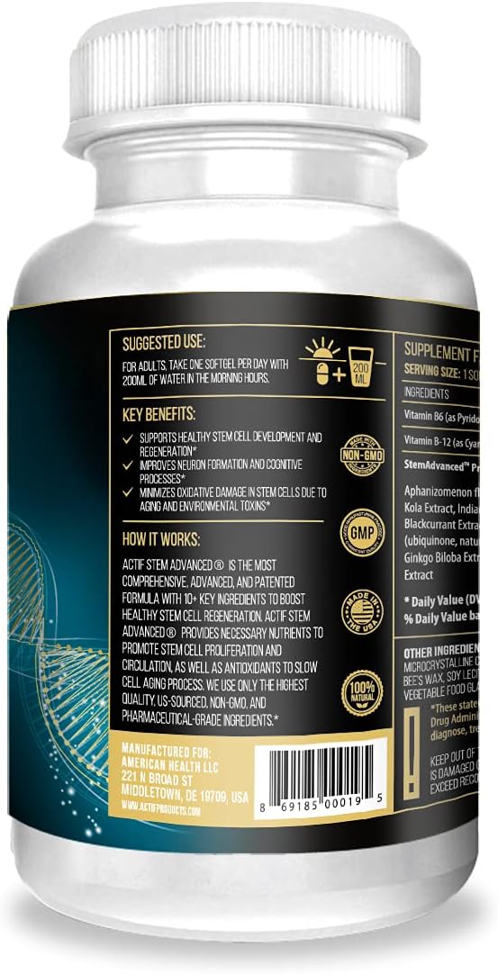ACTIF STEM Cell Support - Maximum Strength with 10+ Stem Cell Factors, Non GMO, 2 Month Supply, Made in USA