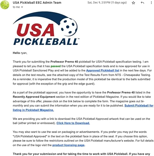 Miniatura 6 de Professor Pickleball PREMO40 - Pelotas de pickleball para exteriores, grado torneo, 4 unidades, paquete de 12, 36 unidades, 100 unidades, aprobadas