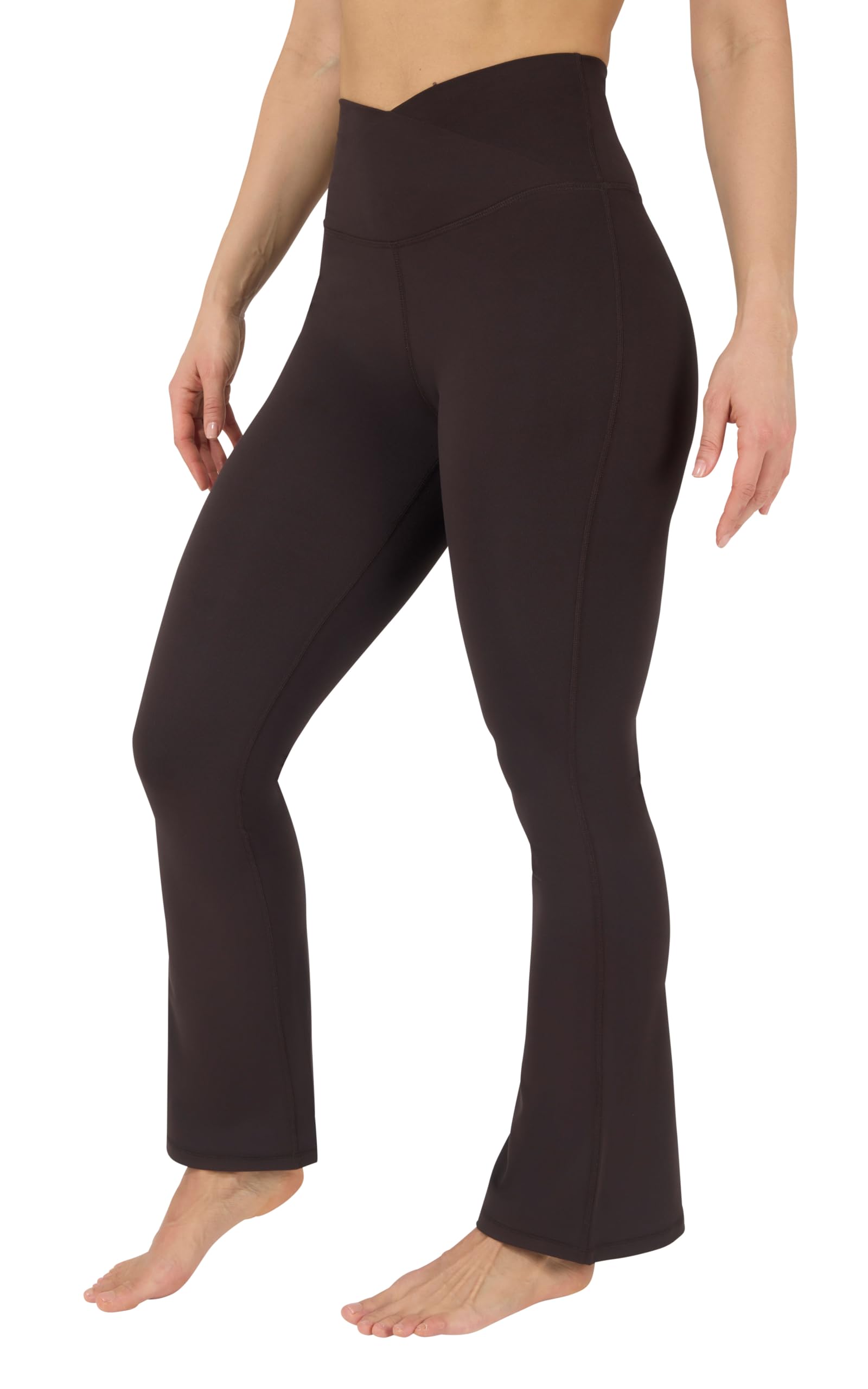 Yogalicious Womens Crossover High Waisted Flare Legging Squat Proof Yoga Pant | 29" & 31.5" Inseam, Chocolate Mousse 29", XS