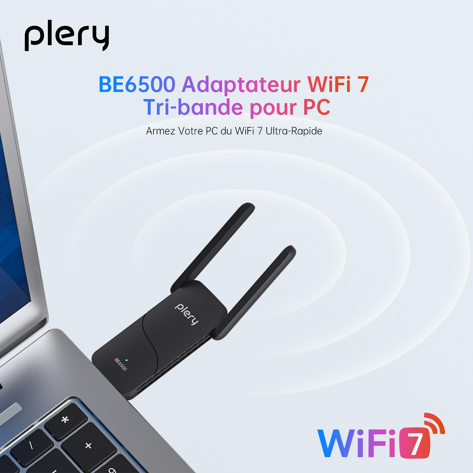 BE6500 Clé WiFi 7 Puissante Adaptateur Réseau sans Fil pour PC Tri-Bande 6GHz 5GHz 2.4GHz USB Longue Portée Antenne à Gain Élevé Dongle Réseau Pilote Intégré Compatible avec Windows 11/10, WPA3