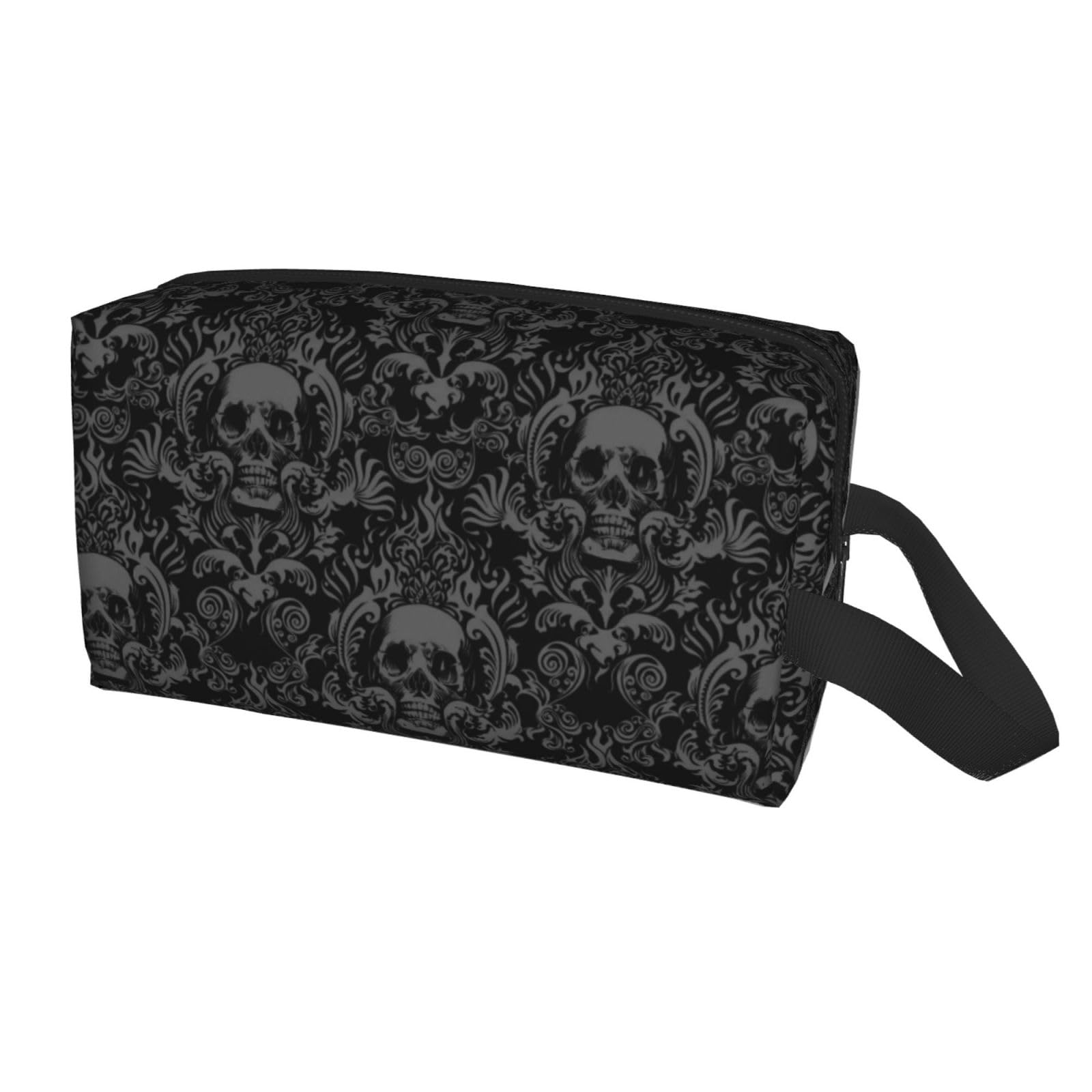 BYBYSCL Gothic Skull Black Flower Halloween Cosmetic Bag for Women, Large Capacity Travel Makeup Pouch Portable Waterproof Toiletries Accessories