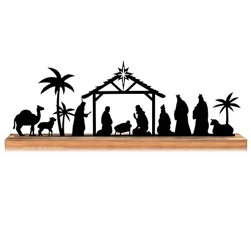 Akulgaci Metal Nativity Sets for Christmas Decorations Black Metal Nativity Scene with Wooden Base for Xmas Home Indoor Mantel Tabletop Office Kitchen Table Shelf Decor (Classic)