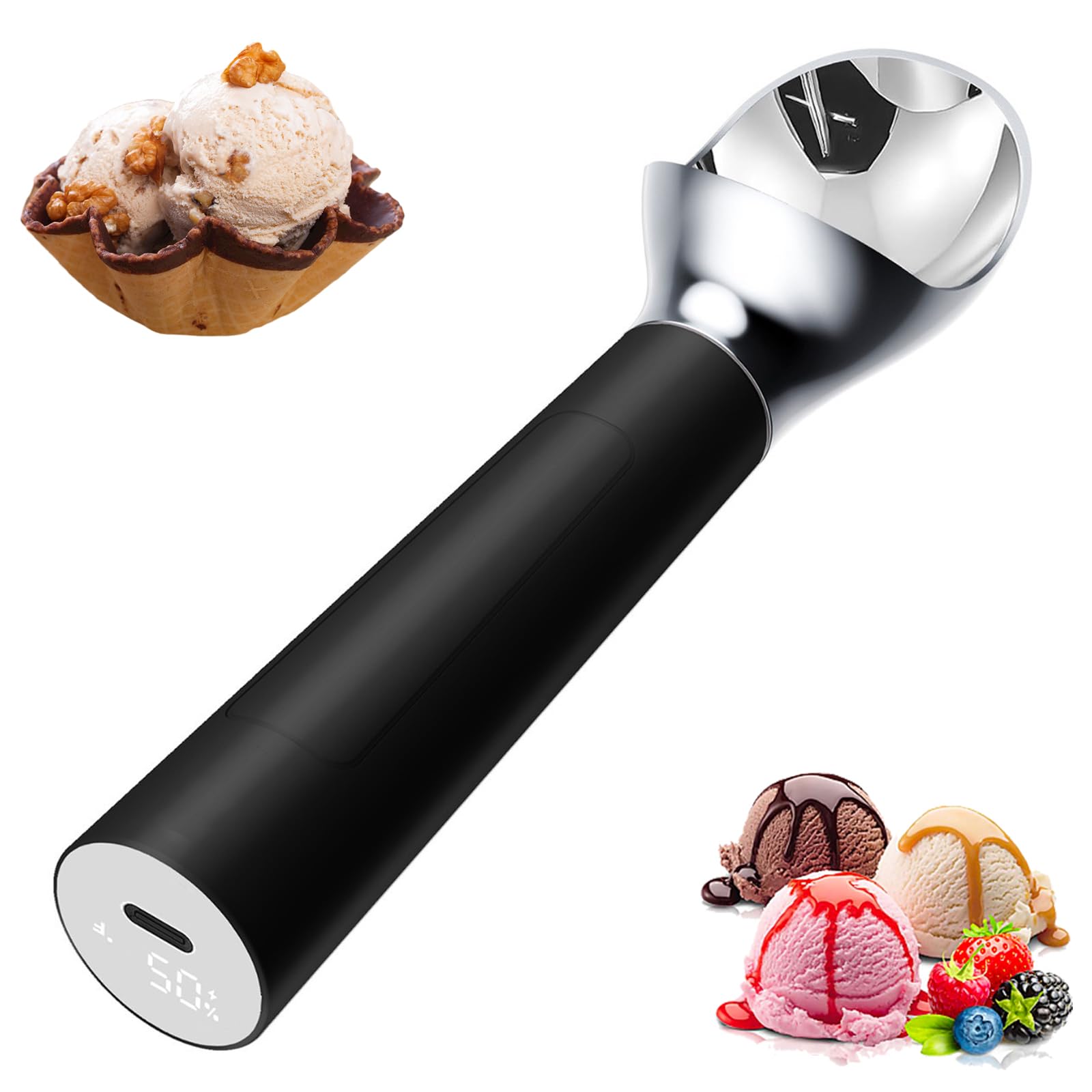 Cuchara de helado calentada, cuchara eléctrica USB con temperatura ajustable de hasta 50 °C y pantalla LED para uso doméstico y comercial
