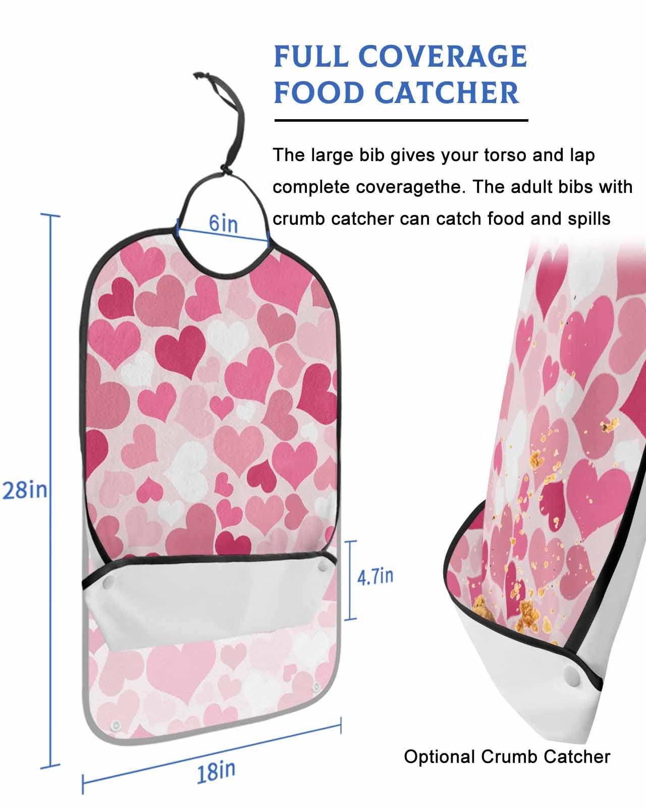 LEOKOTI Pink Valentine's Day Adult Bibs for Eating, Waterproof Bibs with Food Catcher & Adjustable Snap Closure, Pink Ombre Love Heart Washable Clothing Protectors Adult Bibs for Elderly Women/Men
