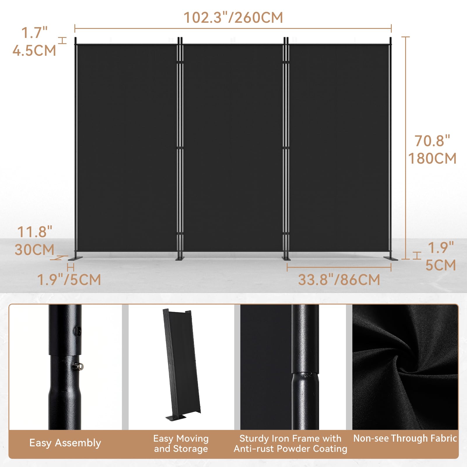 C-Hopetree 2 Panels Room Divider, 6 Ft Tall Indoor Folding Privacy Screen, Portable Partition Separator, Freestanding Separation Temporary Wall for Office, Bedroom, 142" W X 71" H, Black