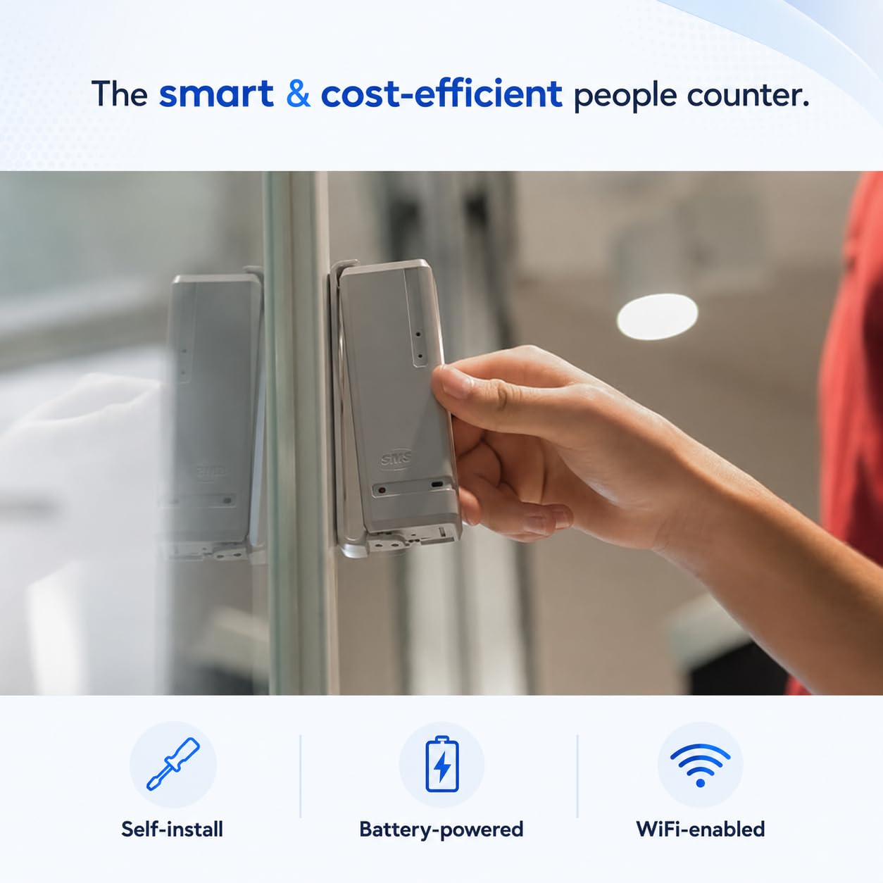 Pearl Smart People Counter: bezprzewodowy czujnik drzwi/licznik gości - kierunkowe wykrywanie wejścia i wyjścia - standardowe baterie AA - wbudowane WiFi - raporty wrażliwe na czas, aplikacja iOS i