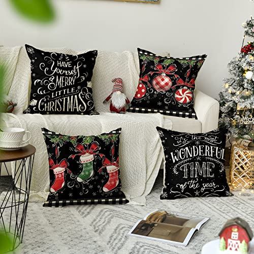 Avoin Colorlife Merry Christmas Ornament Stocking Black Throw Pillow Covers, 18 X 18 Inch Winter Holiday Cushion Case Decoration For Sofa Couch Set Of 4 #TOP1