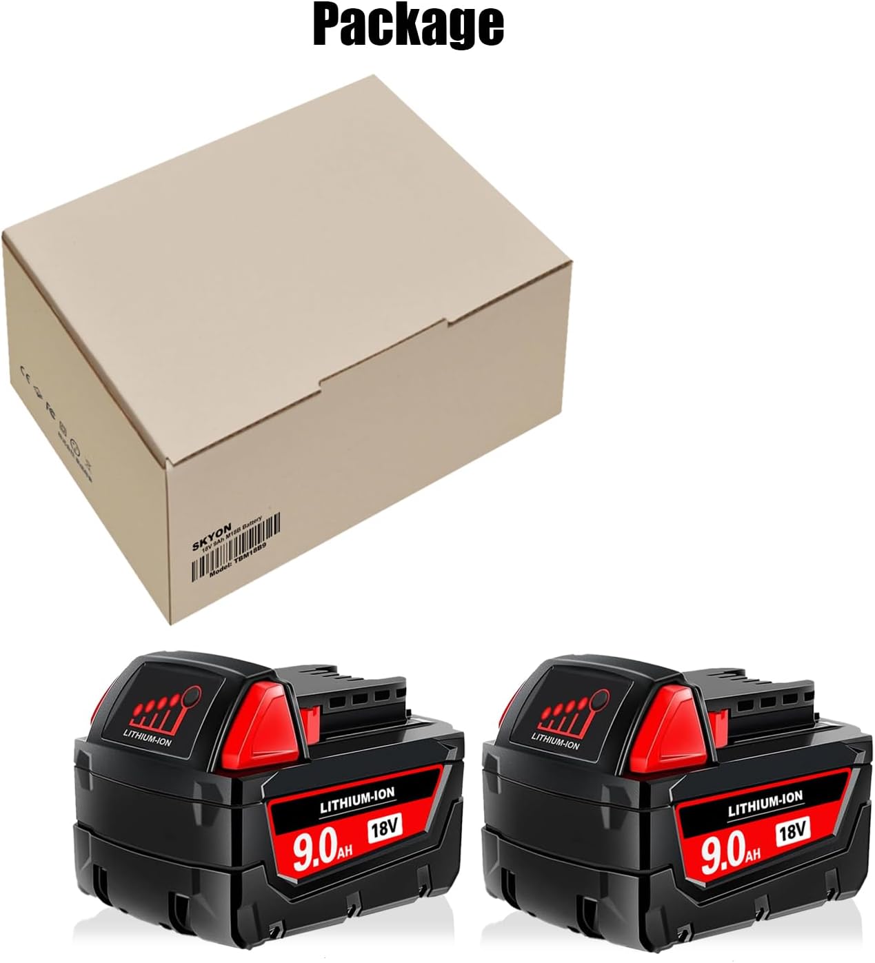 SKYON 18V 9Ah 48-11-1890 Battery Replacement for M-18 48-11-1890 XC9.0Ah 48-11-1880 XC8.0Ah 48-11-1865 48-11-1860 XC6.0Ah Compatible with Milwaukee 18V M-18 High Output Lithium-Ion Tools Battery 2Pack