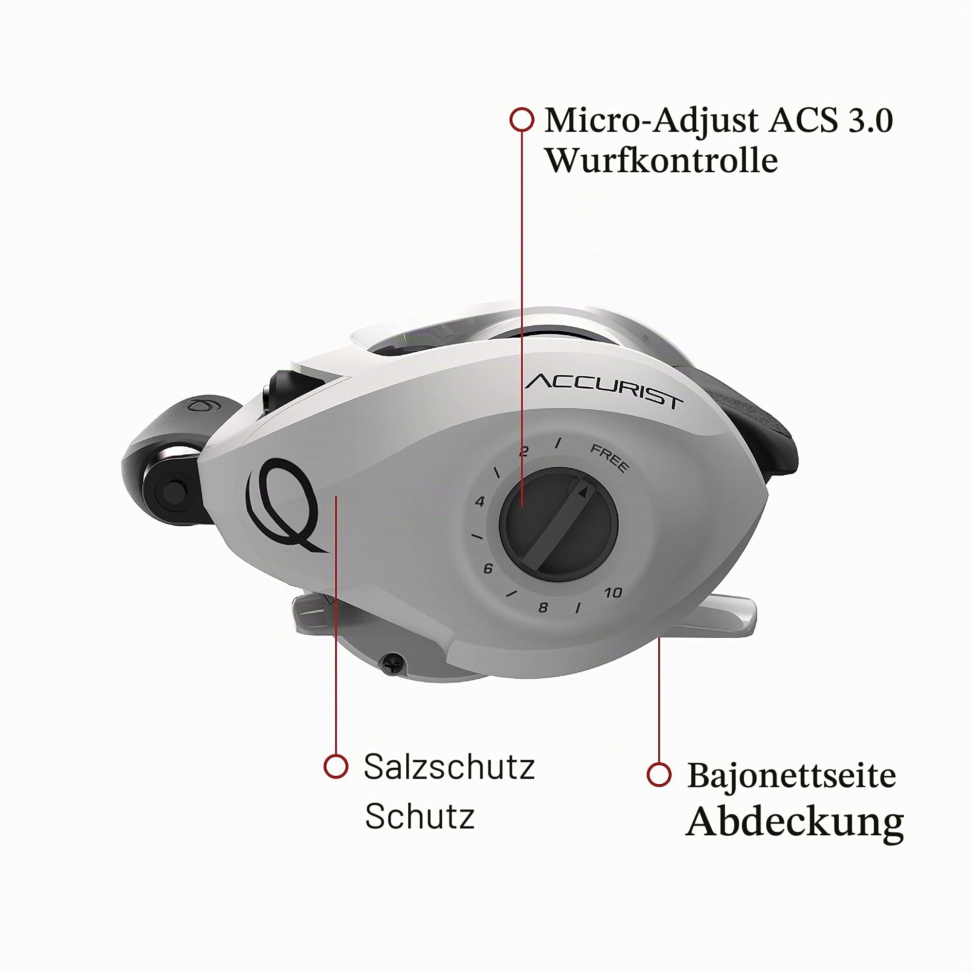 Quantum Accurist Baitcast-Angelrolle, Größe 100, übergroße rutschfeste Griffknöpfe und durchgehende Anti-Reverse-Kupplung, einteiliger Aluminiumrahmen