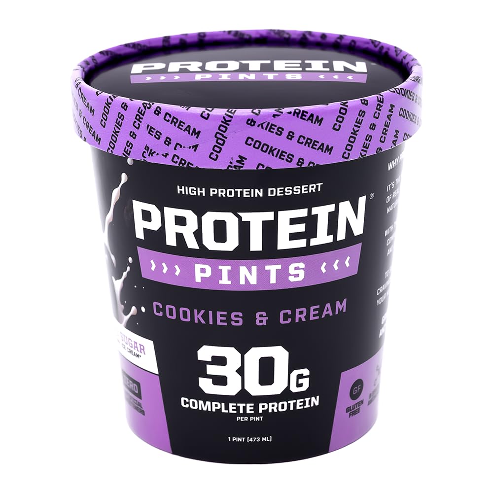 Protein Pints High Protein Dessert - Cookies and Cream Ice Cream - 1 pint - 30 grams Complete Protein - Gluten Free