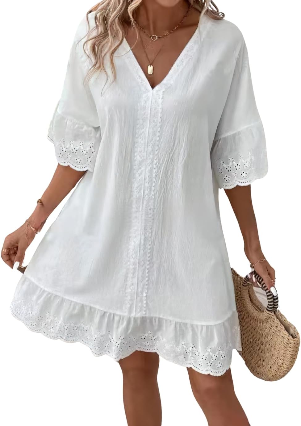 chouyatou Women's Summer Cotton Ruffle Short Sleeve Tunic Dresses Floral V Neck Loose Midi Lace Crochet Eyelet Dress