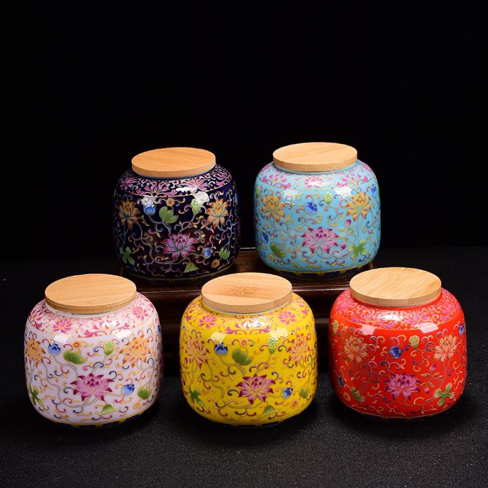 Sizikato Porcelain Tea Caddy Bamboo Cover, Enamel Colored Ceramic Tea Storage Container, 14oz