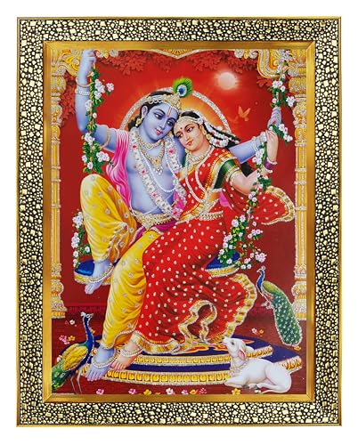 Koshtak Radha Krishna ji/Kanha ji in Jhula Janki avec cadre photo vache et paon pour suspension murale, cadeau, temple, chambre puja, décoration d'intérieur...