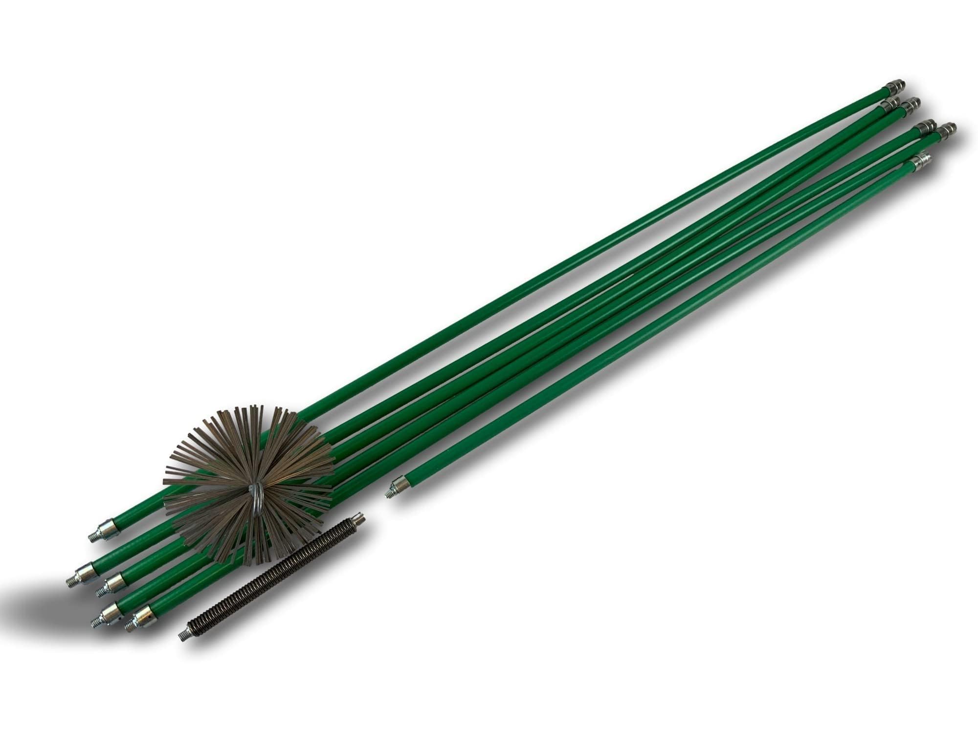 Kit Profesional de Limpieza para conductos no revestidos | Cepillo de Acero | Ø 150 mm | 8 m con 6 Varillas Verdes autobloqueantes Ø 18 mm Huecas | Resorte de Inicio | Chimeneas | Kibros 5KIT15ACO