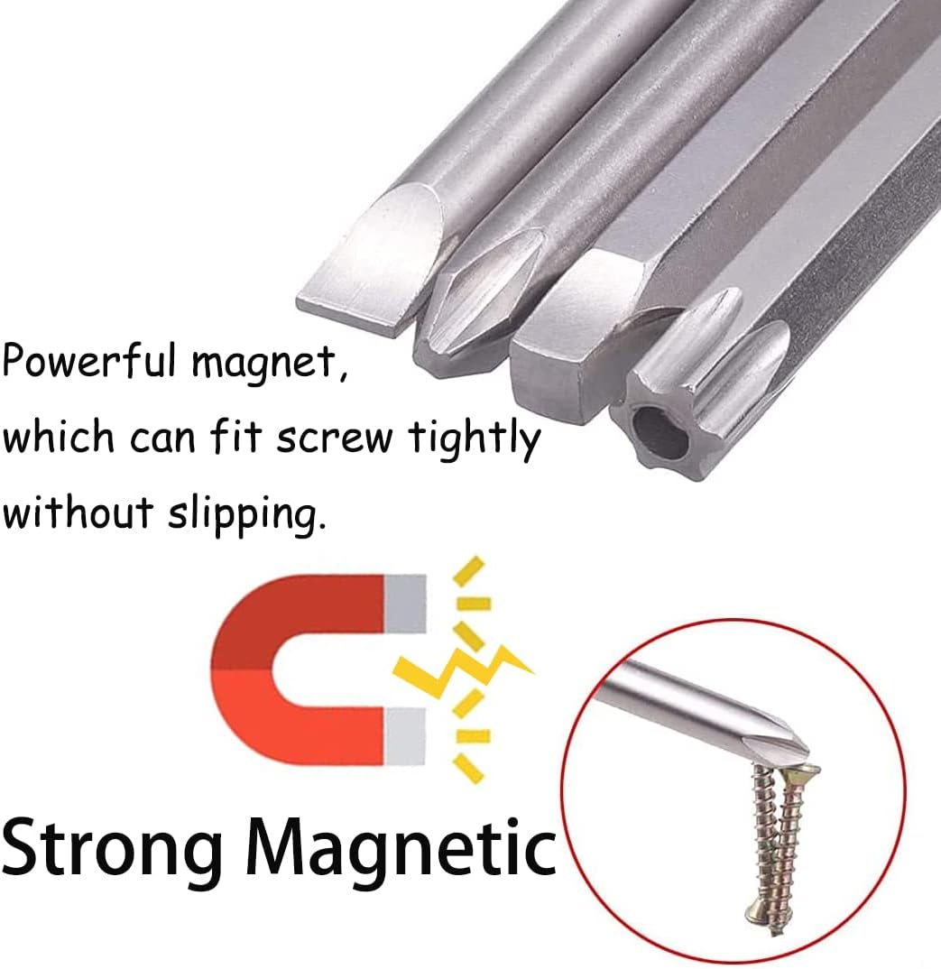 30pcs 100mm Long Screwdriver Drive Bits Magnetic Drill Bit Set 1/4 Inch Hex Shank S2 Steel Security Screw Bit Kit Power Tools (Slotted + Cross + Square + Torx Bits)