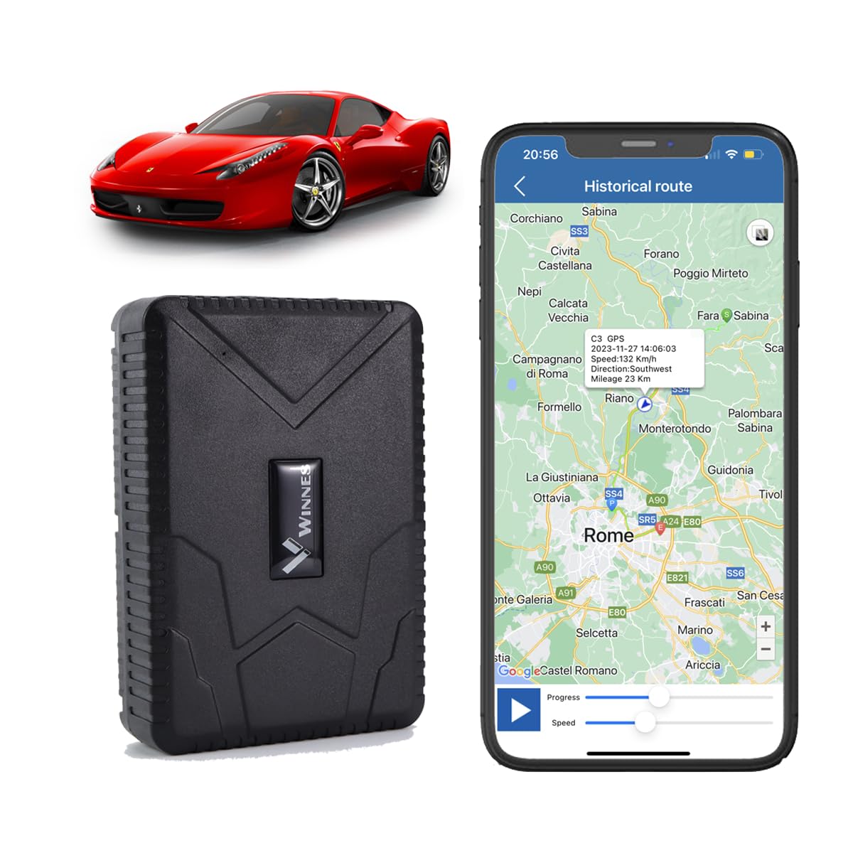 Winnes GPS Tracker Auto 10000mAh GPS Tracker Ohne ABO Echtzeit-Tracking per SMS/APP/Online-Plattform Flotte Auto LKW GPS Sender Mit Starke Magnetische Mehrfachwarnungen und Kostenlose Apps