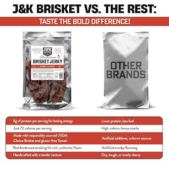 J&K Jerky Sweet & Spicy Brisket, Hand Crafted Small Batch American Made Slab Jerky - Soft & Tender - 7oz Big Bag of Jerky's