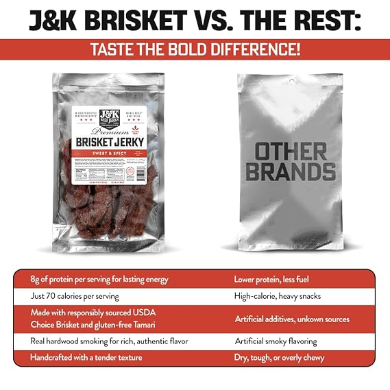 J&K Jerky Sweet & Spicy Brisket, Hand Crafted Small Batch American Made Slab Jerky - Soft & Tender - 7oz Big Bag of Jerky's