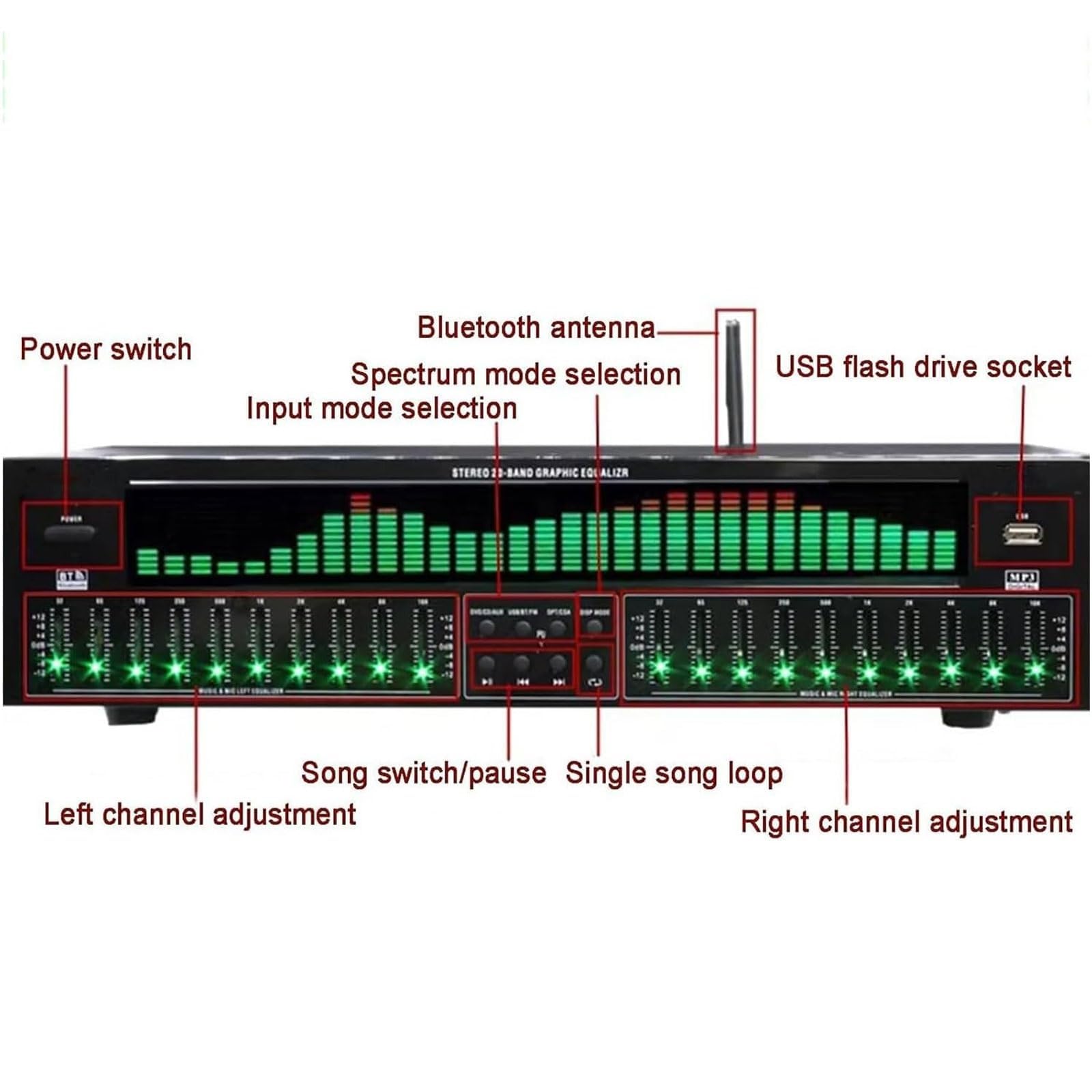 Ecualizador gráfico con Bluetooth, pantalla de espectro dinámico y reducción de ruido para escenario, concierto, hogar y estudio de grabación, mejora la calidad del sonido