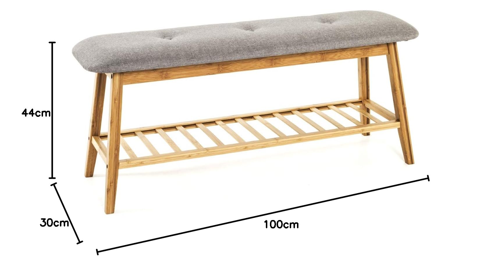 HAKU Banco para Zapatos bambú, Gris, Bambú, Tejido Textil - Dim.: AN 100 cm x AL 44 cm x P 30 cm, Estilo: Bohemio