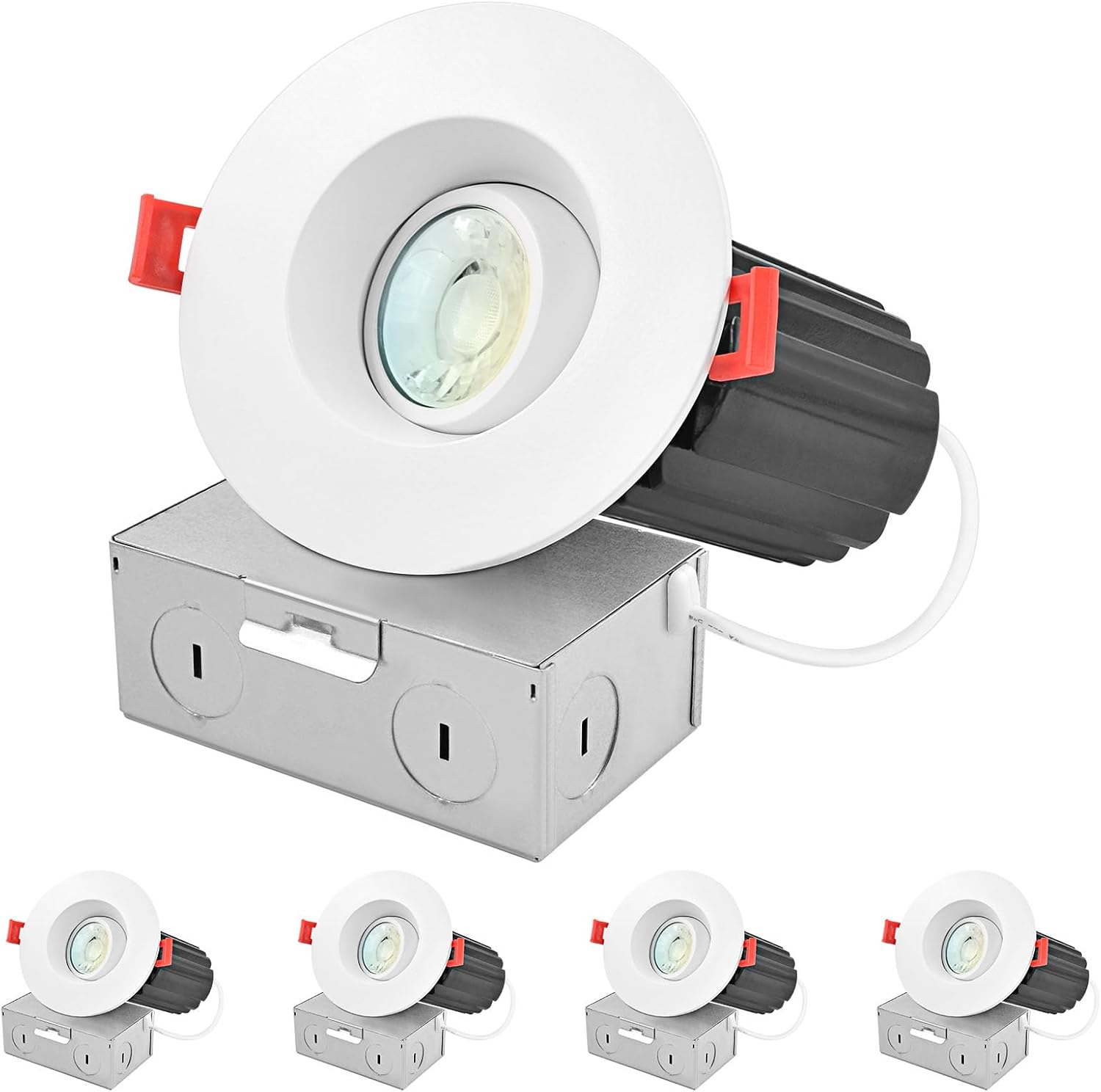 LUXRITE 3 Inch Gimbal Adjustable LED Recessed Light with J-Box, CRI90, 12W, 5 Color Selectable 2700K-5000K, 900 Lumens, Dimmable, Directional LED Downlight, IC Rated, Damp Rated, ETL Listed (4 Pack)