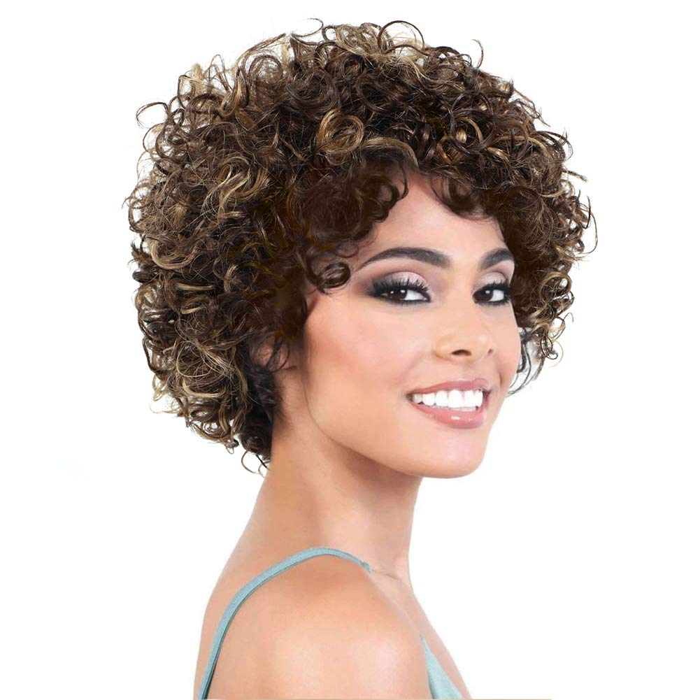 HUA Short Human Hair Wigs for Black Women Glueless 4/27 Color Brazilian Bouncy Curly Short Pixie Wigs for Black Women Blonde Highlights for 50/60th