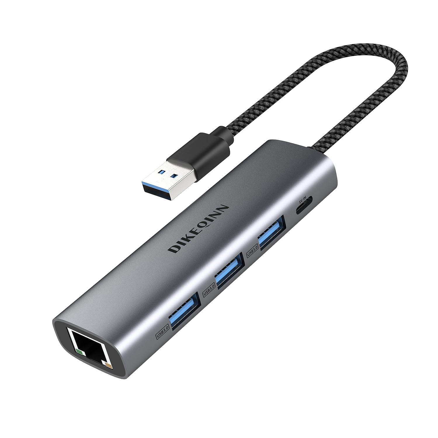 DIKEQINN USB 3.0 Hub with Gigabit Ethernet, 3-Port USB-A 5Gbps + USB-C Power Port for MacBook, Dell, HP, Surface (Plug and Play) (USB-A)