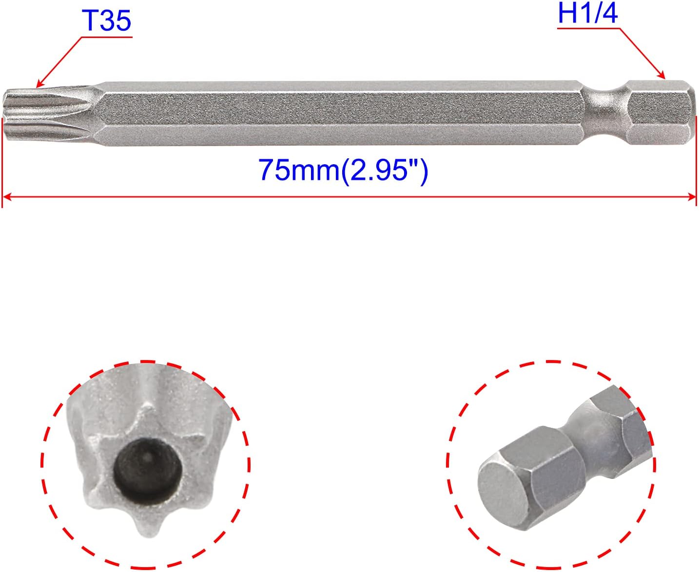 Aopin T35 with hole, Torx head screwdriver tamper proof, 1/4 inch hex handle, S2 steel magnetic, 75mm(3 inch) length, 4pcs