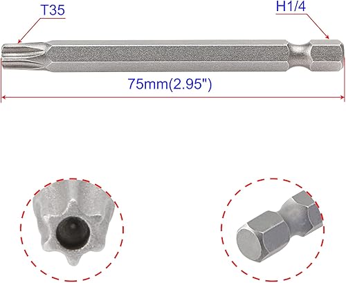Miniatura 2 de Aopin T35 con agujero, destornillador de cabeza Torx a prueba de manipulaciones, mango hexagonal de 14 de pulgada, acero S2 magnético, 2.953 in (3