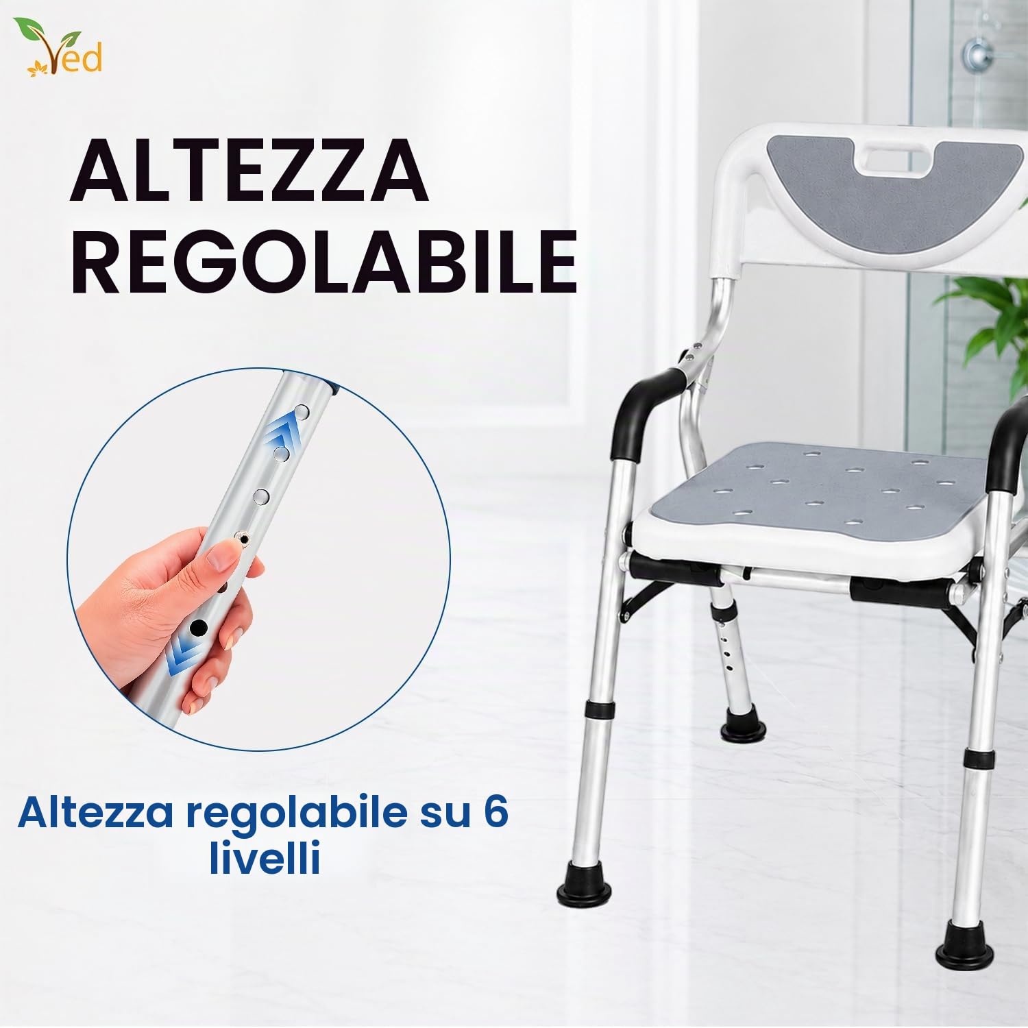 Sedia da doccia VED Stool, sedia da doccia pieghevole per vasca da bagno, sedile da bagno portatile con gambe in alluminio resistenti, regolabile con schienale per bagno.