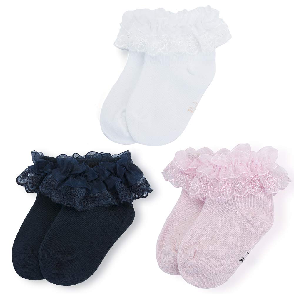 Lacofia Women's A-White+Pink+Navyblue 3 Pack Newborn Baby Girls Frilly Lace Socks Infant Cotton Christening Socks, 0-6 Months,
