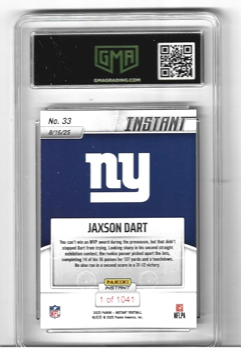 Graded Gem Mint 10 Jaxson Dart Football Rookie Card 2025 Instant #33 Giants Starting Quarterback Only 1041 Produced