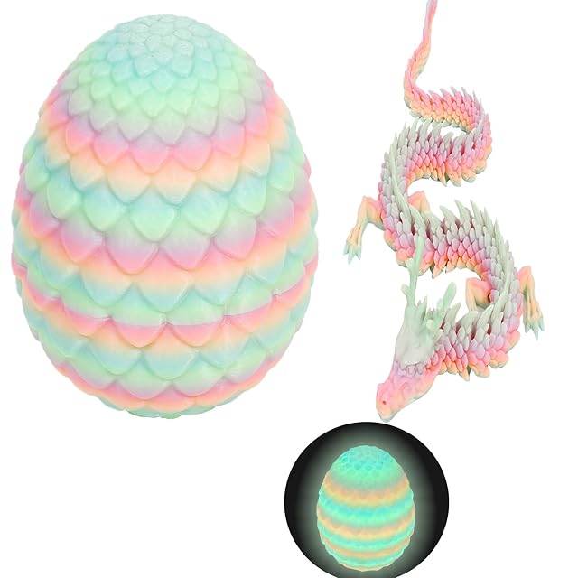 Tęczowy nadruk 3D smok w jajkach – kolorowe świecące w ciemności jajko niespodzianka z 28 cm elastycznymi smokami wewnątrz, prezent z nadrukiem 3D, jajko wielkanocne, przegubowy smok zabawka na