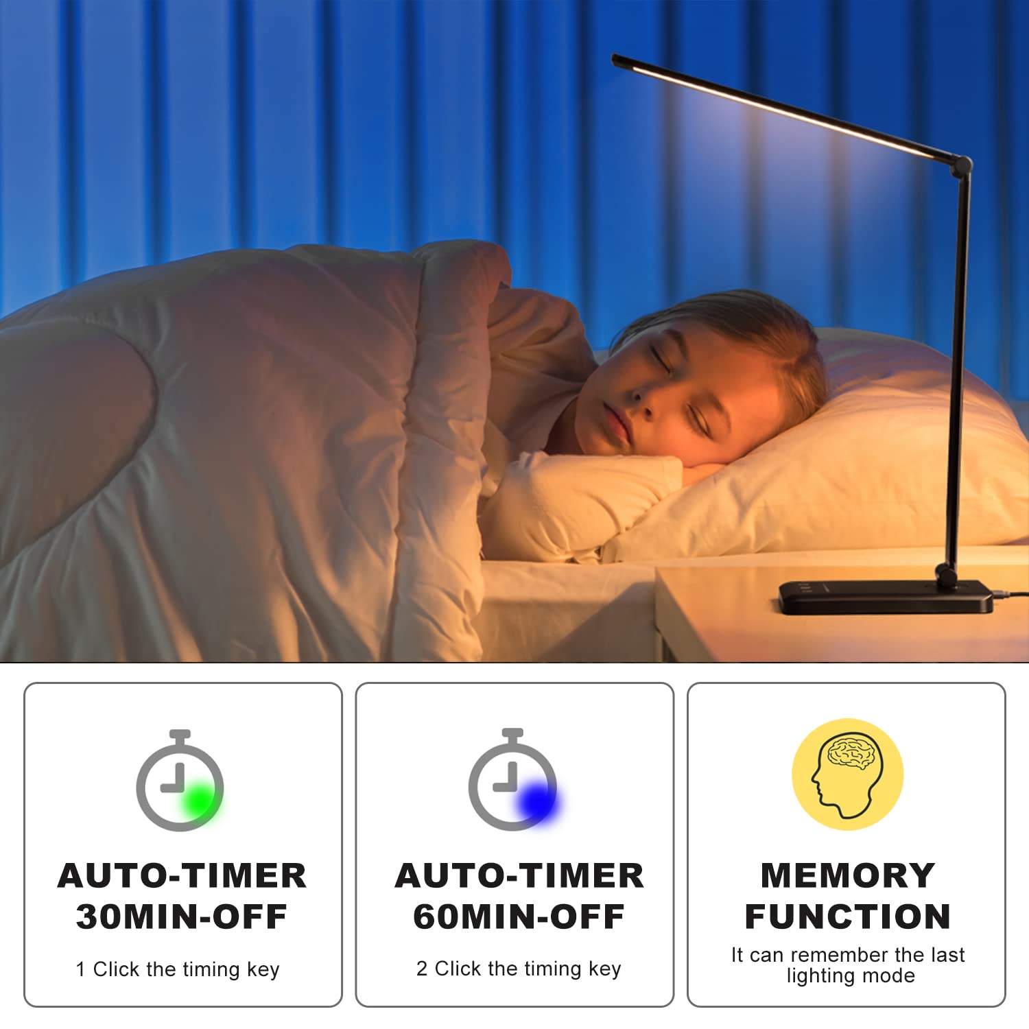 Schreibtischlampe mit USB-Ladeanschluss, 5 Farbmodi, 10 Helligkeiten, Schwarz