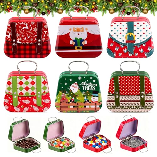 Koxtyzo 6 Piezas Mini Bote Galletas Navidad, Cajas de Dulces Navidad con Forma de Bolso, Latas Navideña Metal para Galletas, Dulces y Artículos Pequeños, Favores de Fiesta Navideña