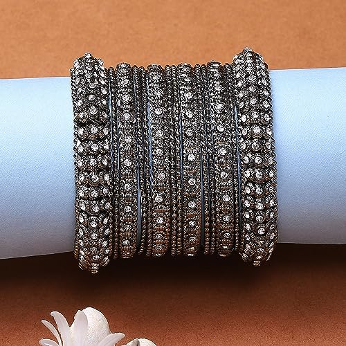 Oxidised Silver-Plated Bangles Set with Artificial Stones (Set of 14)