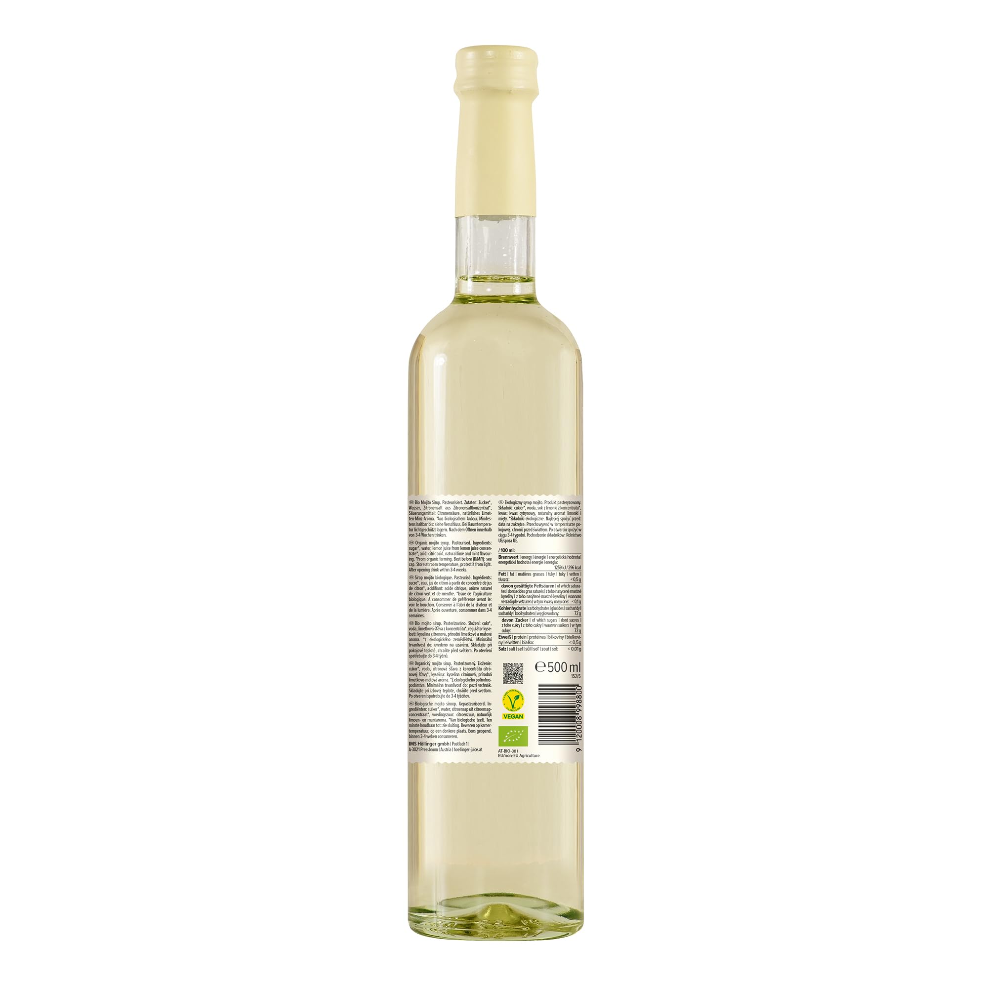 Sciroppo per cocktail biologico Höllinger Mojito - Organic Lime-Mint Syrup, Alcohol-Free, Vegan, 3x500ml Glass Bottle, Caribbean Flavor