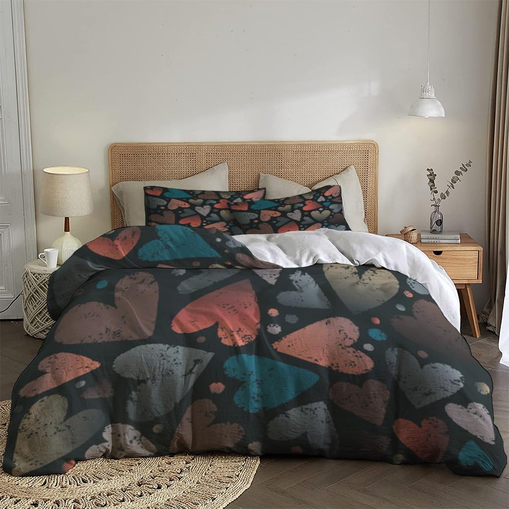 NIBAINLO 布団カバーチョークパステルハート黒地 肌に優しい ピーチスキン加工 掛け布団カバー 和式 洋式 あったか 布団カバーセット リバーシブル ホームステイ ホテル 家庭兼用