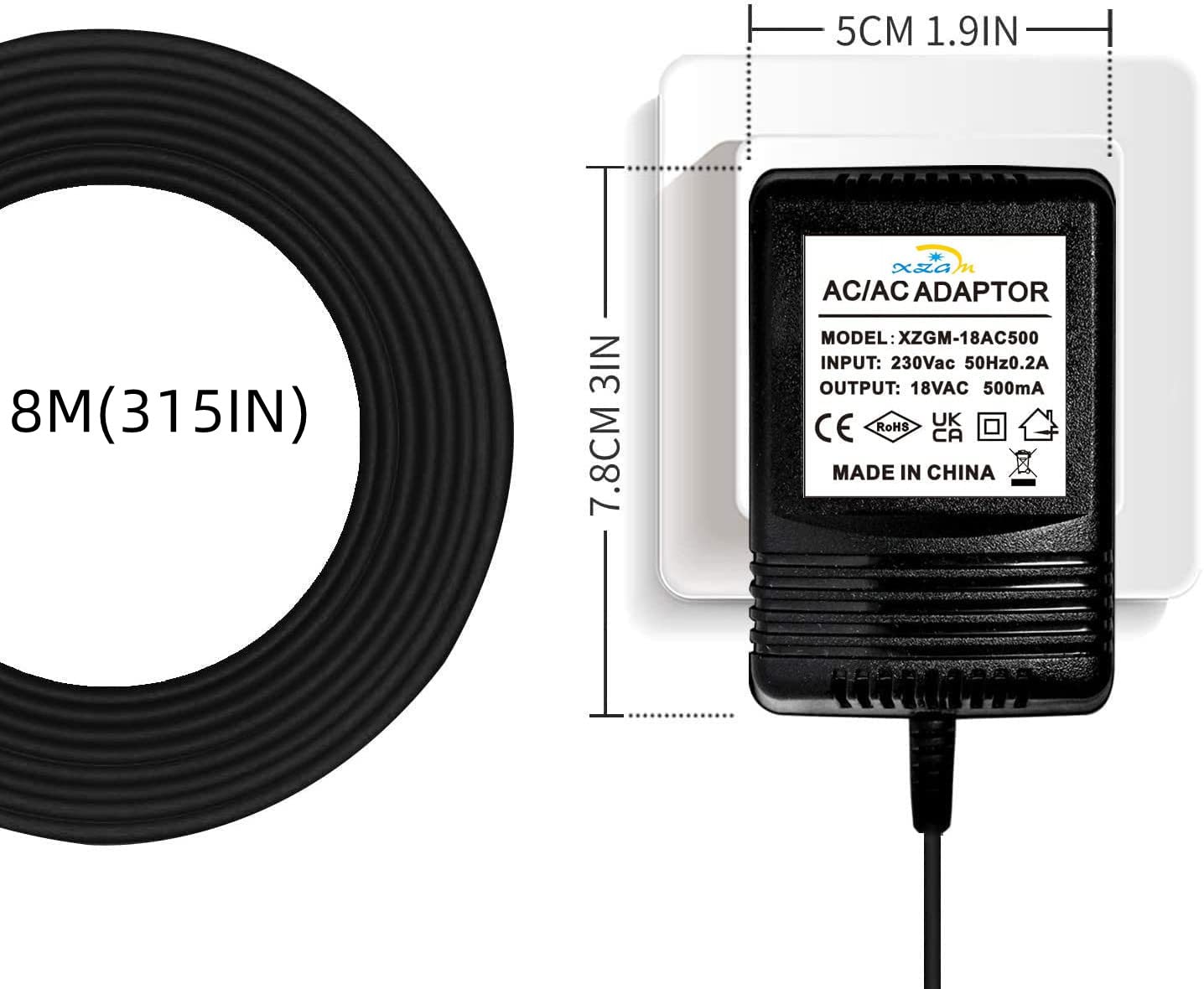 Transformateur de sonnette vidéo 18 V 500 mA pour sonnette vidéo Ring Nest Eufy Arlo Wyze Câble d'extension 8 m Noir