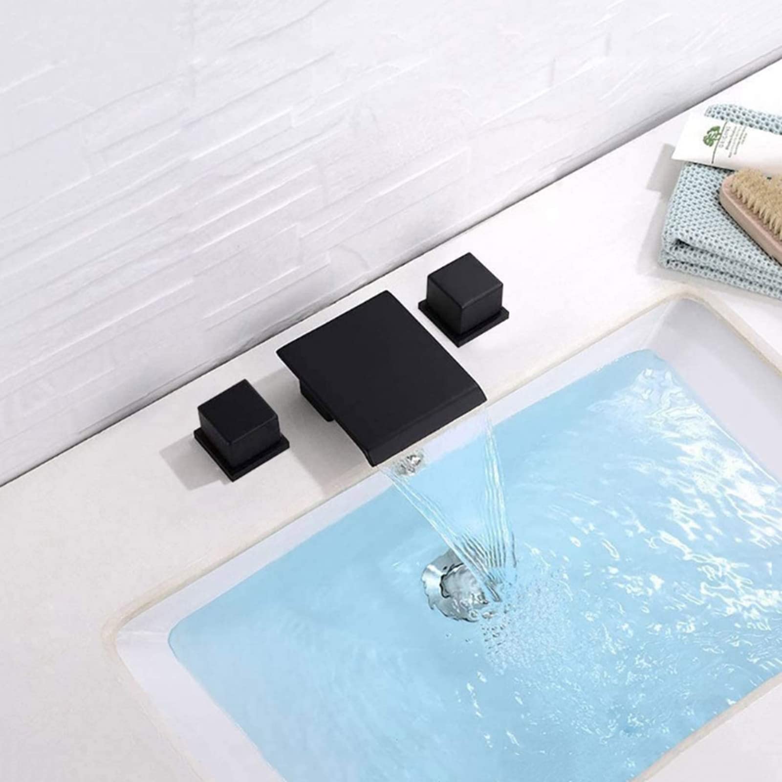 Wasserfall-Wasserhahn Für Waschbecken – 3-Loch Armatur In Mattschwarz Mit Pop-Up Abfluss & Zuleitungen