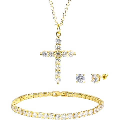 Freinit 3Pcs Jewelry Set 14K Gold Crown Cross Pendant Necklace for Women,Gold Plated Cubic Zirconia Tennis Bracelet and Stud Earrings,Gift for Christmas Valentines Mom Wife Daughter GF